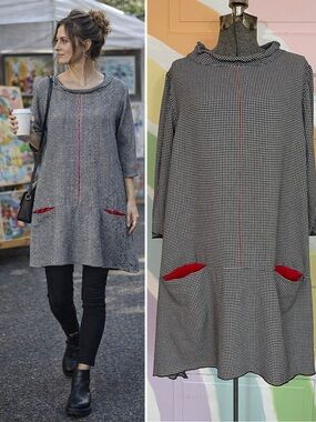 Susan Otterson Art-to-Wear Houndstooth
Tunic Dress Red Stitch Detail Sz M 🧡🎀